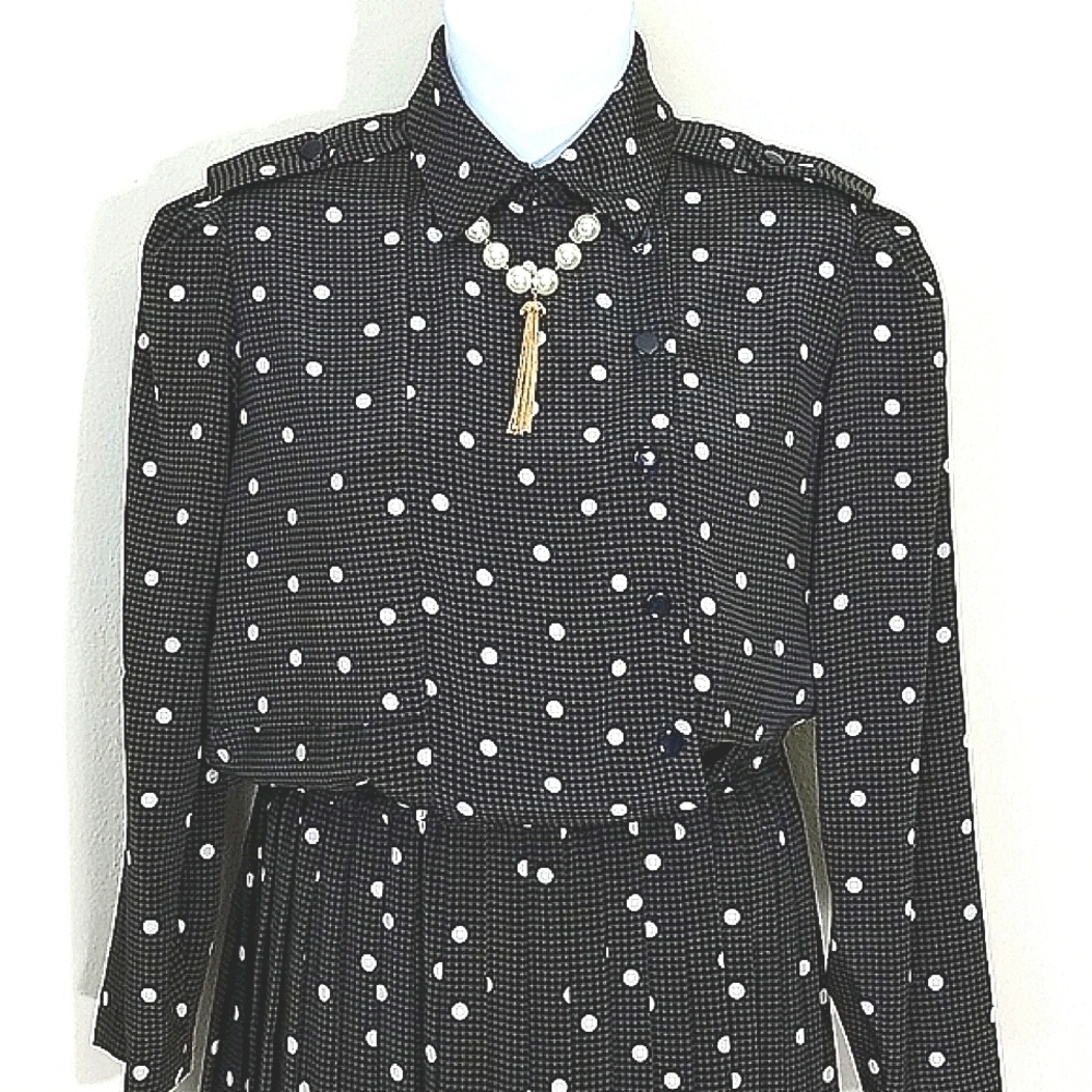 Dress long sleeve houndstooth polka dot maxi Size 10 black brown white print - Picture 4 of 13